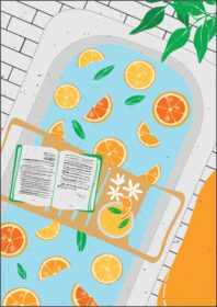حمام پوستری با پرتقال و مرکبات کتاب خواندن در حمام