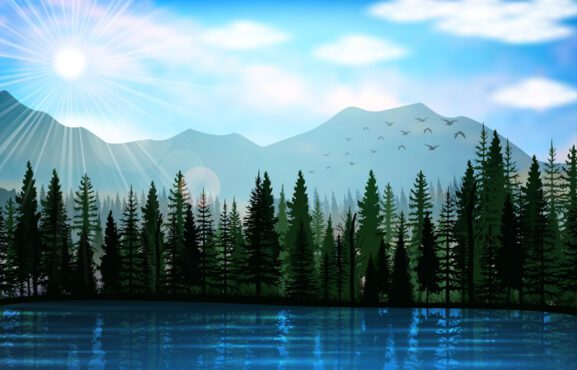 تصویر برداری وکتور منظره کوه با پس زمینه دریاچه