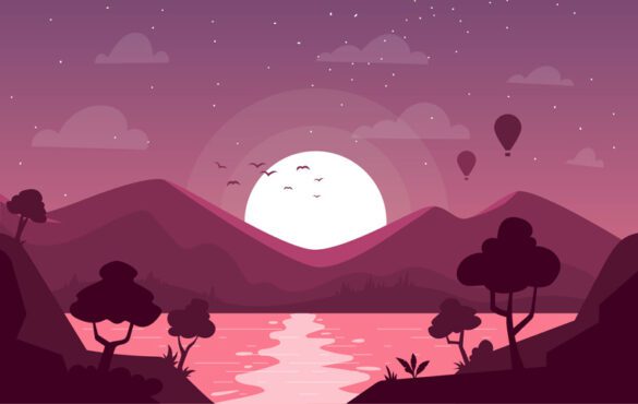 تصویر برداری وکتور منظره در شب با رنگ های بنفش کوه و ماه طراحی شده برای برچسب پوستر کارت تبریک سند و سایر سطوح تزئینی