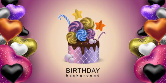 بنر تولدت مبارک پس زمینه بادکنک های رنگارنگ شکل قلب و بنر دعوت وکتور کیک شکلاتی