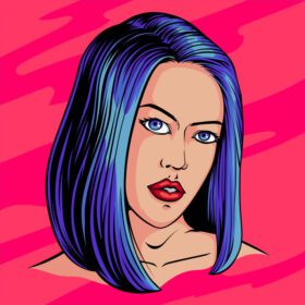 پوستر زن زیبا با موهای آبی به سبک کمیک آرت پاپ