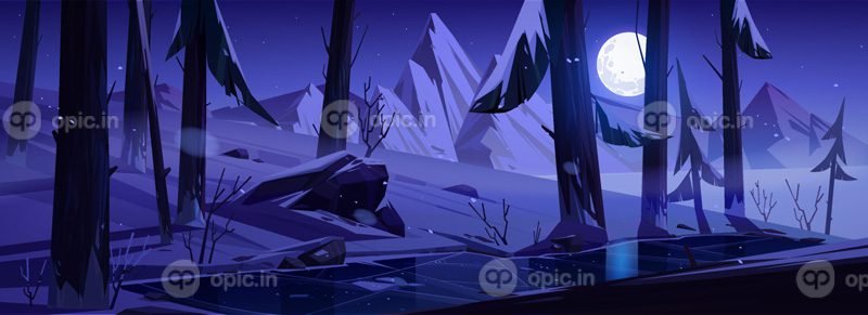 وکتور منظره شب زمستانی با کوه و جنگل
