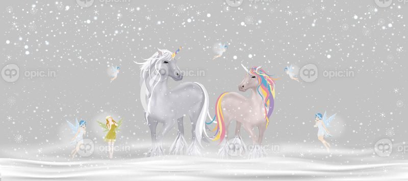 وکتور صحنه زمستانی خانواده اسب شاخدار در حال راه رفتن روی برف با اندک