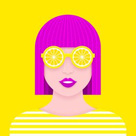 پرتره زن پاپ مدرن با عینک آفتابی تکه های لیمو و موهای صورتی روشن