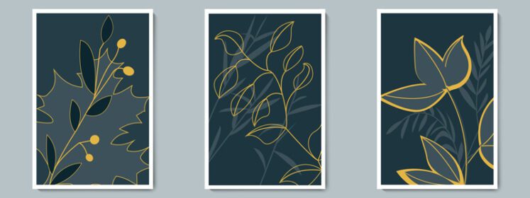 مجموعه پوستر وکتور هنر دیوار تاریک پوستر گیاه شناسی شاخ و برگ سایه طلایی مینیمالیستی با پس زمینه شب