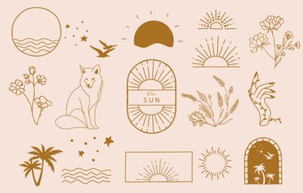 مجموعه برداری از طرح خط با تصویر برداری قابل ویرایش موج دریای خورشید برای نماد تاتو برچسب وب سایت