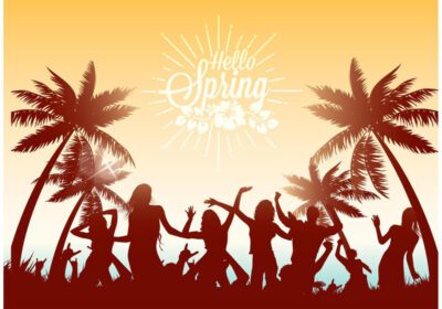 وکتور سلام بهار حروف وکتور با تصویری از رقصندگان در ساحل در غروب آفتاب در حال لذت بردن از یک مهمانی