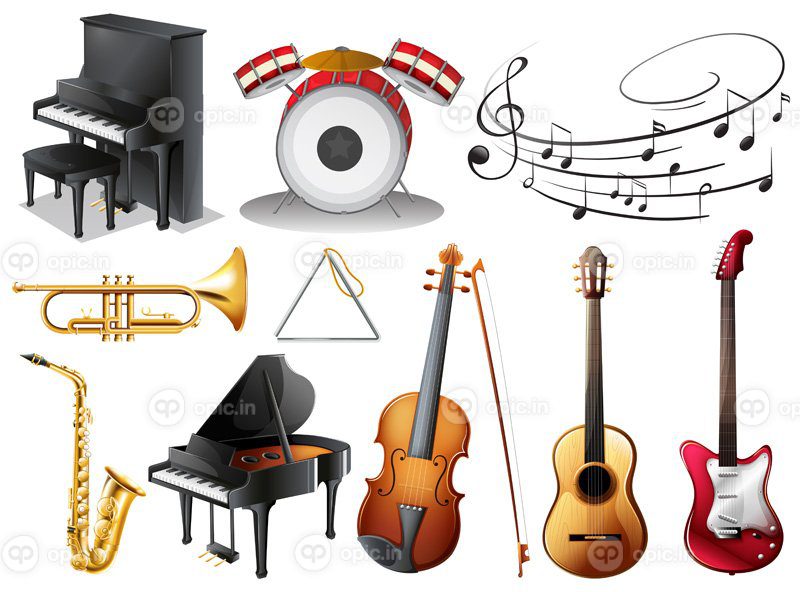 تصویر برداری از مجموعه آلات موسیقی در زمینه سفید