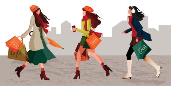 مجموعه شخصیت های پوستری زنان شیک در حال راه رفتن در حالی که کیف خرید را در دست دارند