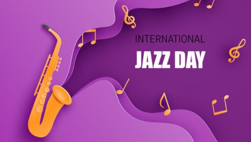وکتور پوستر یا بنر روز بین‌المللی جاز با ساکسیفون و نت‌های موسیقی در هنر کاغذی کاردستی دیجیتال به سبک برش کاغذ