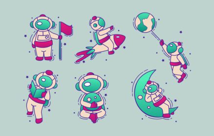 وکتور کارتون زیبا مجموعه خالکوبی فضانورد کوچک