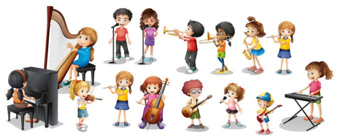 وکتور بسیاری از کودکان در حال نواختن آلات موسیقی مختلف تصویر