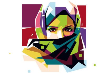 پوستر این پرتره رنگارنگ زن با حجاب را ببینید wpap نمونه بسیار خوبی از سبک هندسی این زن با حجاب جدید و آزاد
