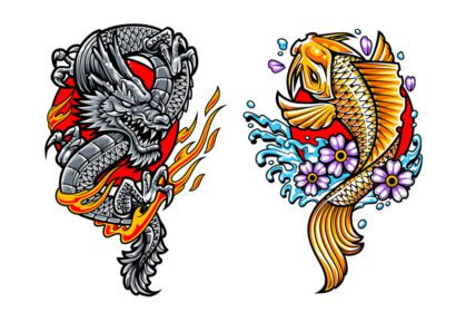 وکتور هنرهای تاتو ژاپنی اژدها و کوی