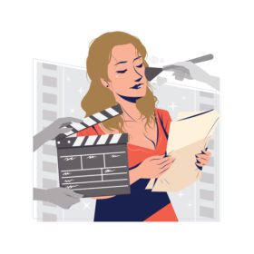 وکتور بازیگر زن در حال خواندن یک مفهوم فیلمنامه