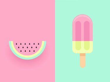 برش هندوانه و بستنی بستنی جدا شده بر روی پس‌زمینه دوتایی وکتور سبز صورتی پاستلی