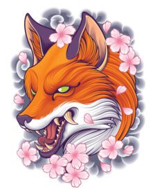 تصویر برداری سر روباه با پس زمینه هنر خال کوبی ژاپنی