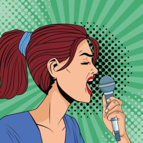 زن جوان در حال آواز خواندن با شخصیت میکروفون سبک پاپ آرت