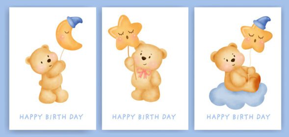 بنر کارت پستال تبریک تولد با خرس آبرنگ زیبا