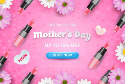 وکتور طرح بنر روز مادر مبارک با رژ لب با گل های واقع گرایانه و قلب روی صورتی تا درصد تخفیف فروشگاه اکنون پس زمینه