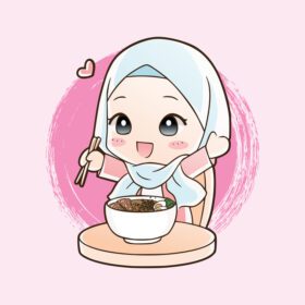 پوستر دختر مسلمان ناز خوردن حلال رامن رشته غذا با دست کشیده شده است