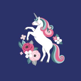 پوستر اسب شاخدار زیبا با گل های قدیمی در پس زمینه آبی تیره