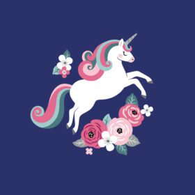 پوستر اسب شاخدار زیبا با گل های قدیمی در پس زمینه آبی تیره