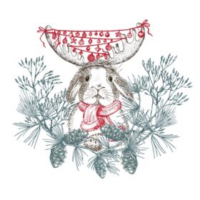 وکتور خرگوش دست کشیده در شاخ روسری کلاه زمستانی قرمز و