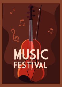 وکتور پوستر جشنواره موسیقی با ساز کمانچه و نت های موسیقی
