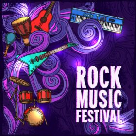 وکتور پوستر جشنواره موسیقی راک با درام گیتار الکتریک سازهای کیبورد وکتور