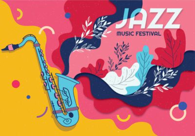 وکتور پوستر جشنواره جاز ساکسیفون با موجی از تزئینات رنگارنگ