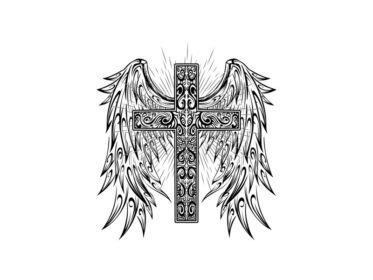 وکتور خالکوبی صلیب مقدس با بال های فرشته وکتور سیاه و سفید رایگان