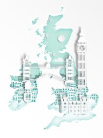 پوستر نقطه عطف معروف انگلستان روی نقشه برای پوستر مسافرتی انگلستان لندن به سبک هنری کاغذی