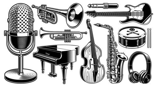 مجموعه وکتوری از تصاویر سیاه و سفید از آلات موسیقی جدا شده در زمینه سفید