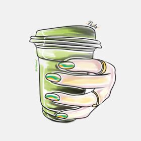 پوستر دست زن با ناخن های بلند لیوانی با نوشیدنی قهوه نگه می دارد