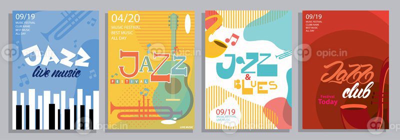 مجموعه وکتور پوستر جاز با حروف آلات موسیقی و تصاویر وکتور بلوز