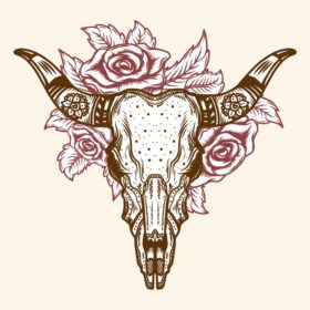 تصویر برداری از گاو نر کشیده شده با دست با گل رز مناسب برای تزئین هنر دیوار یا چاپ روی پیراهن