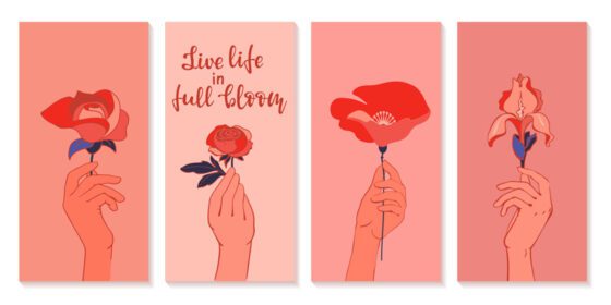 پوستر دست های زن که گل های زیبا را در دست دارند زندگی را به طور کامل زندگی می کنند