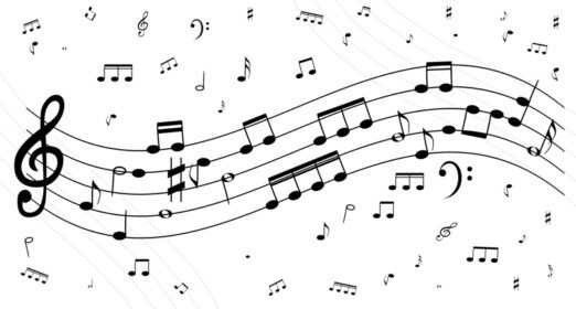 مجموعه وکتوری از نت های موسیقی بر روی نماد ساعت پنج خطی بدون کلید سه گانه