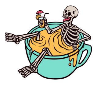 تصویر برداری از اسکلتی که نوشیدنی را در دست دارد و در حالت استراحت با فنجان است