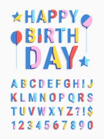 وکتور بنر حروف و اعداد راه راه رنگارنگ مدرن و رنگارنگ همراه با متن برای بادکنک و ستاره کارت تبریک تولد