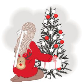 پوستر دختر در شب کریسمس یک تصویر وکتور مد هدیه را باز می کند