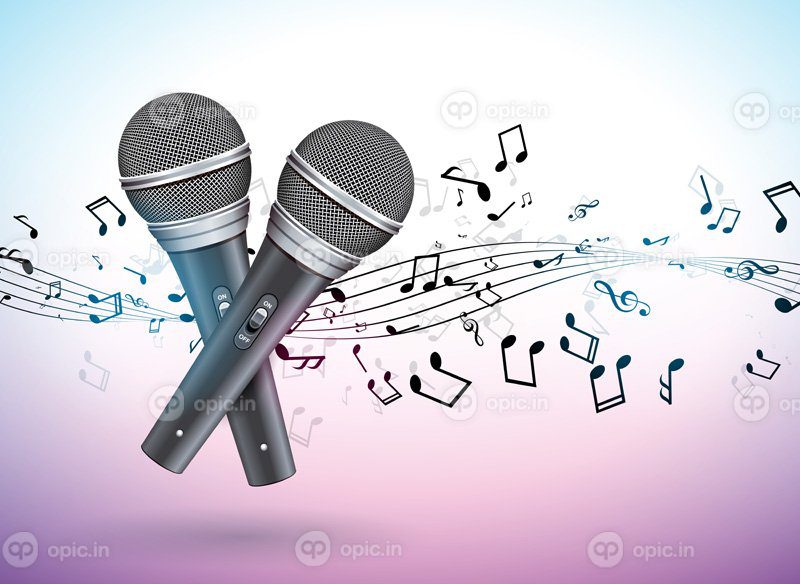 تصویر برداری وکتور بنر در یک تم موسیقی با میکروفون و نت های در حال افتادن روی قالب طراحی پس زمینه بنفش برای پوستر بنر یا کارت تبریک