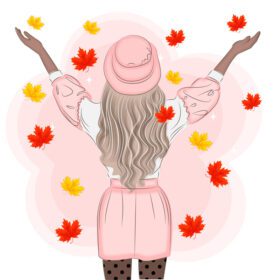 تصویر وکتور مد دختر پوستر با کلاه و برگ های پاییزی