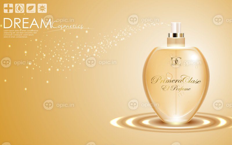 وکتور عطر در یک بطری شیشه ای در زمینه طلایی