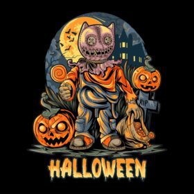 پوستر شب هالووین پوستر شبح وار با ترفند یا معالج در لباسی که آب نبات در کنار کدو تنبل نگه داشته است