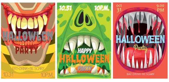 پوستر جشن هالووین وکتور بروشور با کارتون دهان هیولا