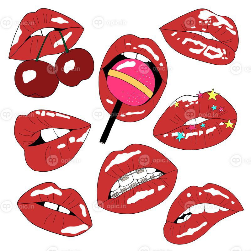 مجموعه وکتور لب های قرمز مختلف روی پس زمینه سفید دهان زن