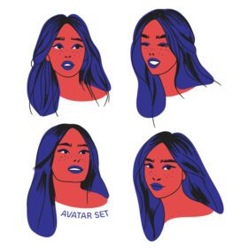 مجموعه وکتور پرتره دختری با موهای آبی از زوایای مختلف