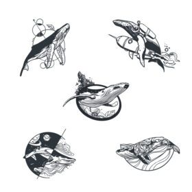 مجموعه برچسب وکتور تم خالکوبی مینیمالیستی با مفهوم نهنگ